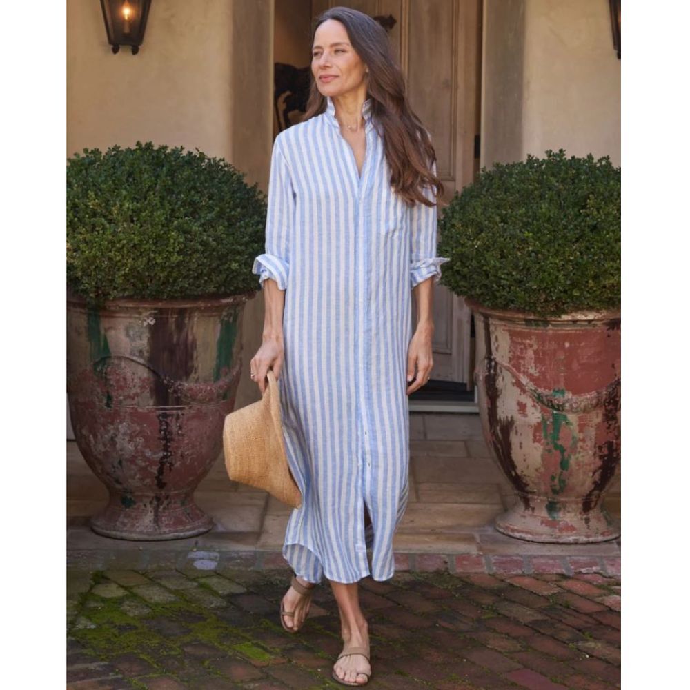 Frank & Eileen Rory Linen Maxi Shirtdress XL Blue White Stripes Casual Beach